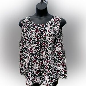 Nine West Women's Floral Print Split-Neck Keyhole Sleeveless Top Blouse ECU